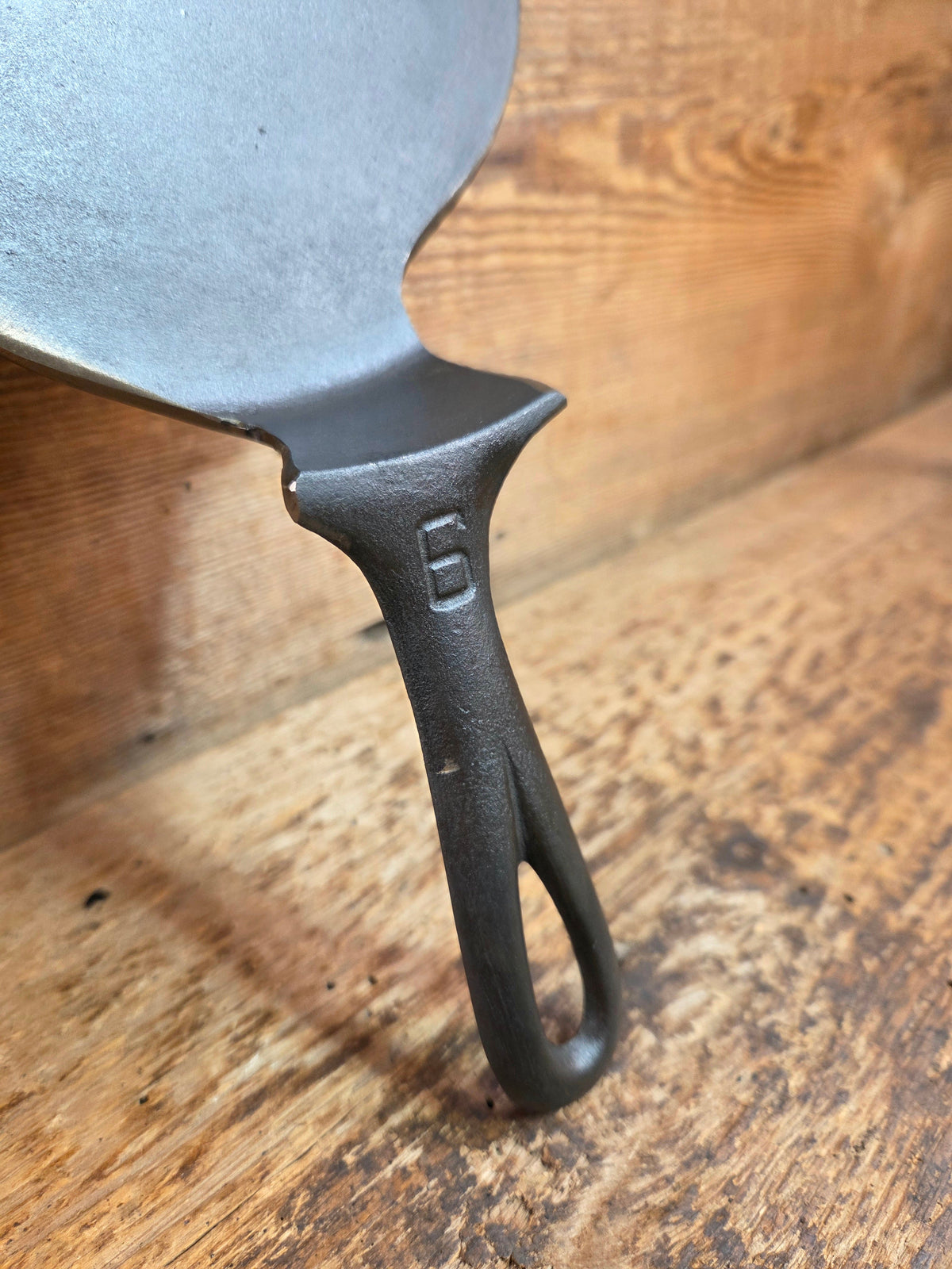 This is one of the COOLEST we’ve made. Very Hard to Find #6 Griswold Victor skillet now up-cycled as a super unique