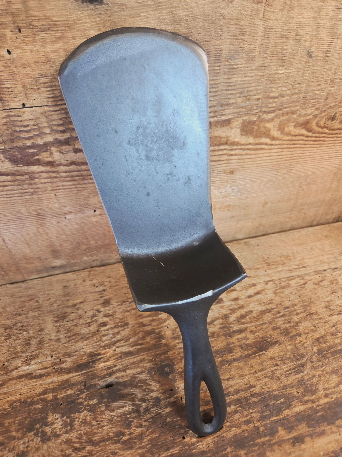Custom made #5 Lodge Cast Iron Skillet Spatula w RAISED B. Reclaimed from a early to mid 1900’s single notch Lodge