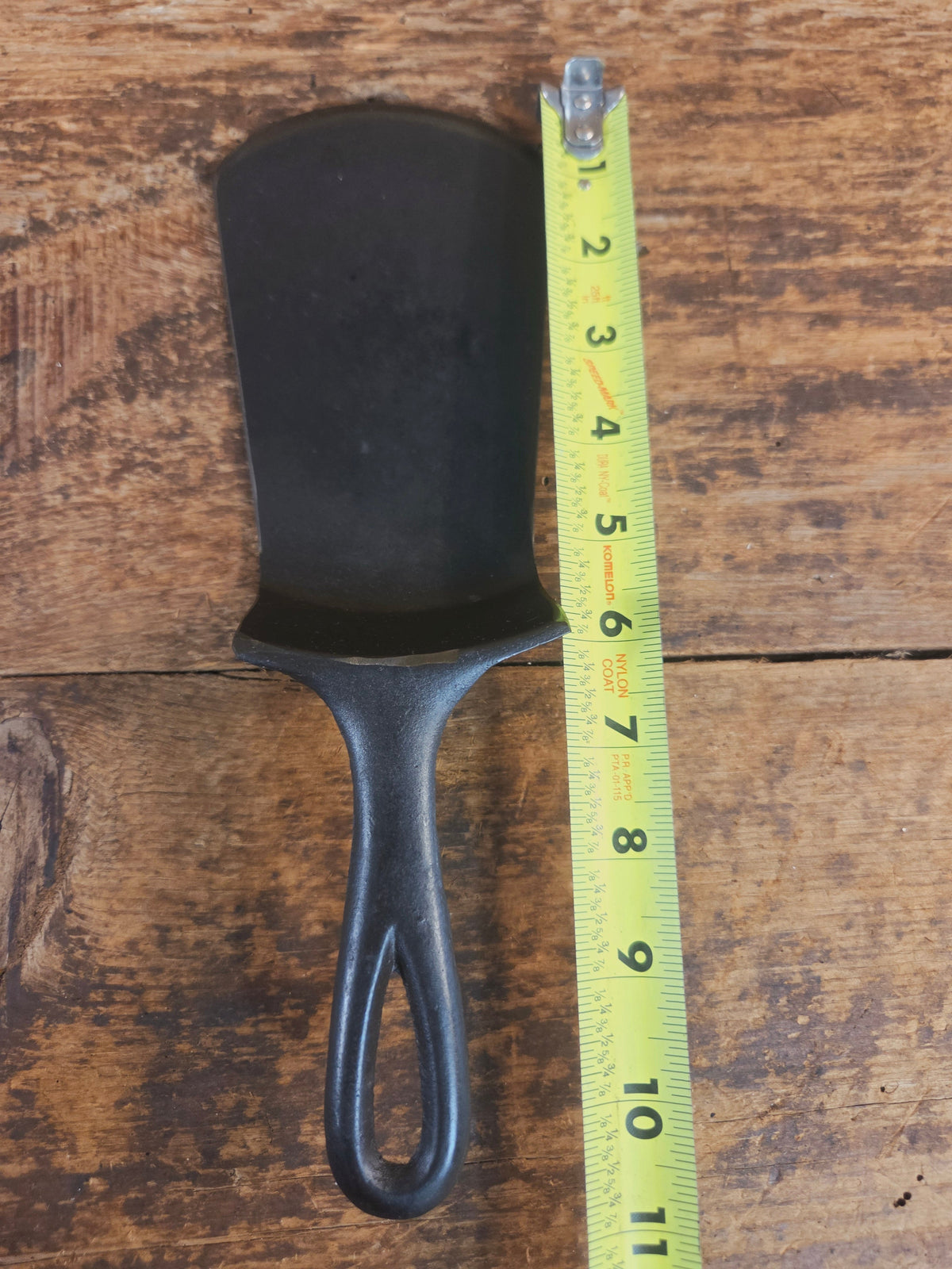 Custom made #5 Lodge Cast Iron Skillet Spatula w RAISED B. Reclaimed from a early to mid 1900’s single notch Lodge