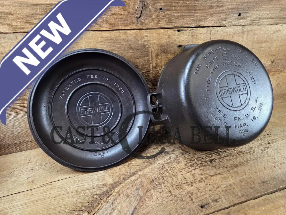 Awesome! 1920âs Griswold #8 Tite-Top Cast Iron Dutch Oven 833 F and high dome matching Griswold Lid 2551. Skillet