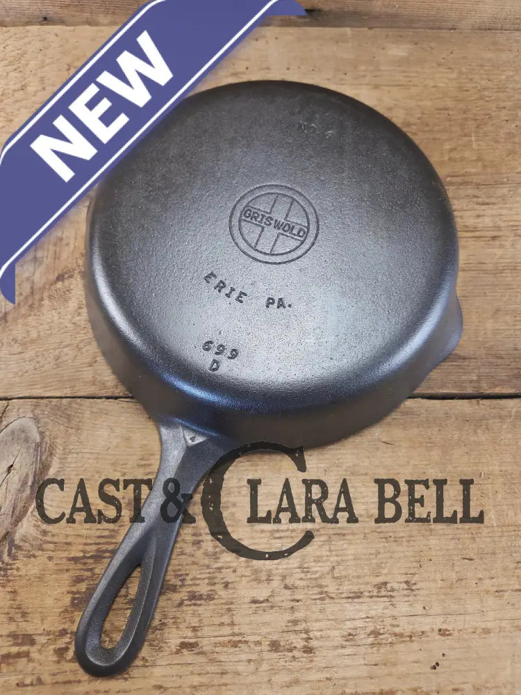 Awesome 1940βs Griswold #6 Cast Iron Skillet with Small Block Logo Flat Style Handle and Smooth Bottom 699 D Skillet