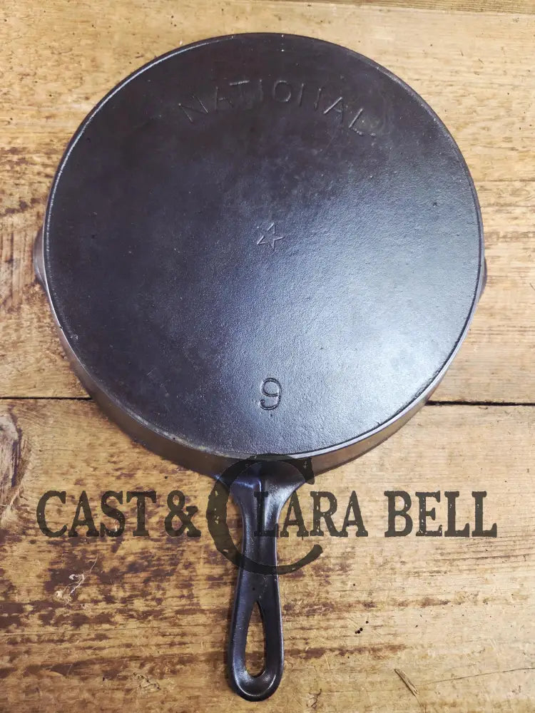 Awesome! Wagner made National #9 Cast Iron Skillet. Shallow wall skillet similar to Griswold Victor and Iron Mountain