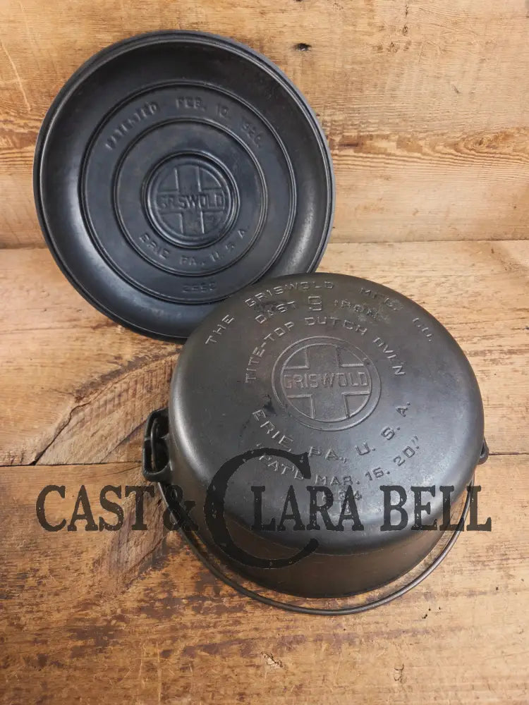 Beautiful 1920’s Griswold No. 9 Tite-Top Dutch Oven with Block Logo p/n 834 B Block Logo lid 2552. PERFECT for stews