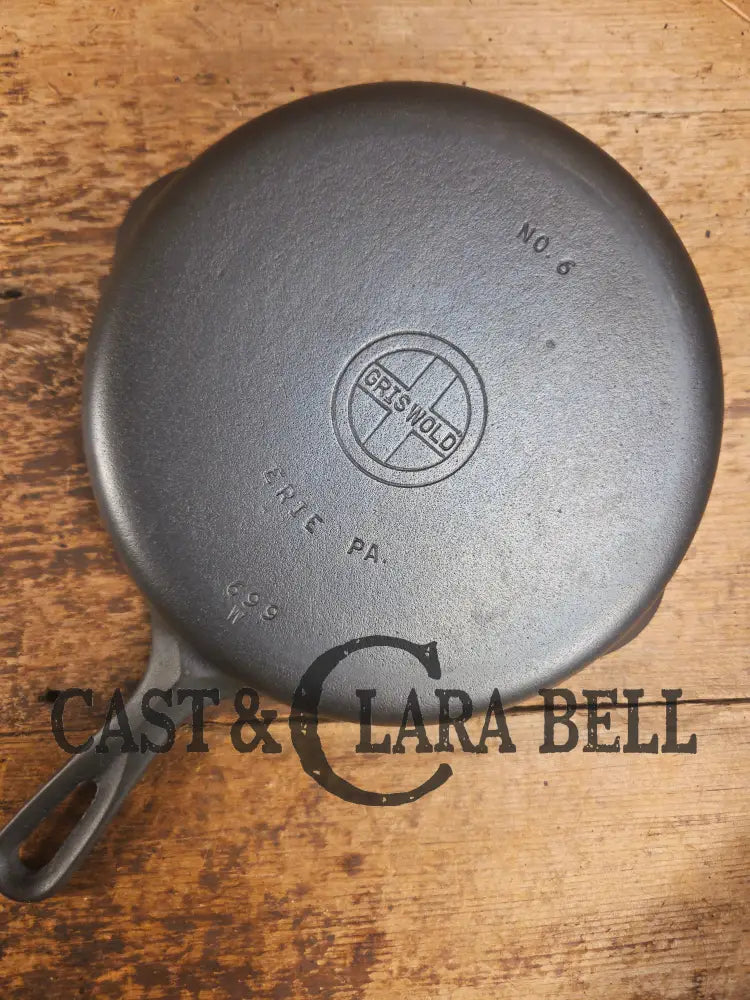 Beautiful Saute Pan! 1940βs Griswold #6 Cast Iron Skillet w/ Small Block Logo Flat Style Handle and Smooth Bottom 699 W
