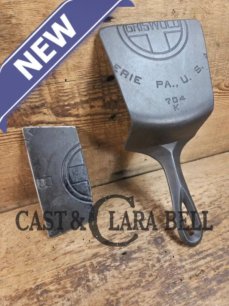 Custom Repurposed Burger Spatula AND grill scraper. Made from a center cracked Griswold 704 skillet. Awesome for the