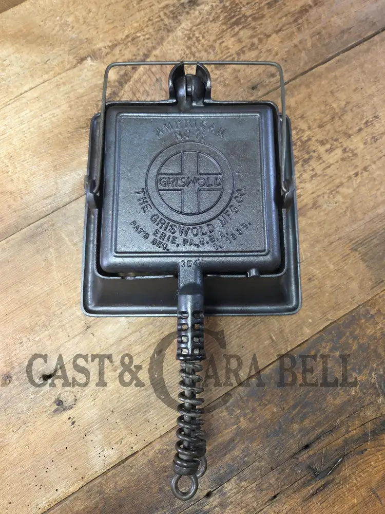 Elegant HTF 1920βs Griswold #11 Square Waffle Iron with Slant Block Logo and Tall Base Waffle Iron
