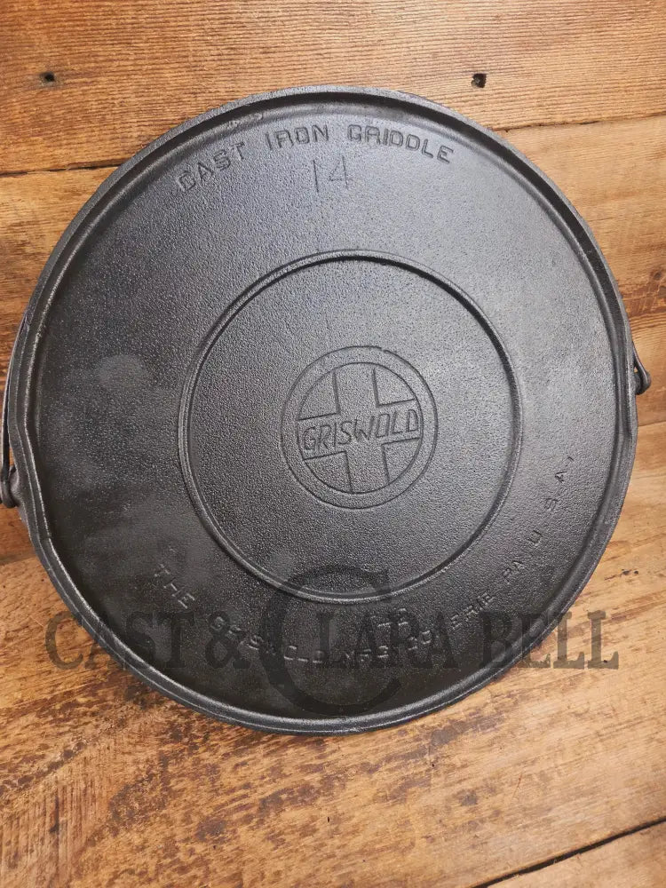 Ghostmarked 1910’s #742 Griswold No. 14 Round Griddle w/ Bail and Slant Logo. The largest made of its kind and hard to