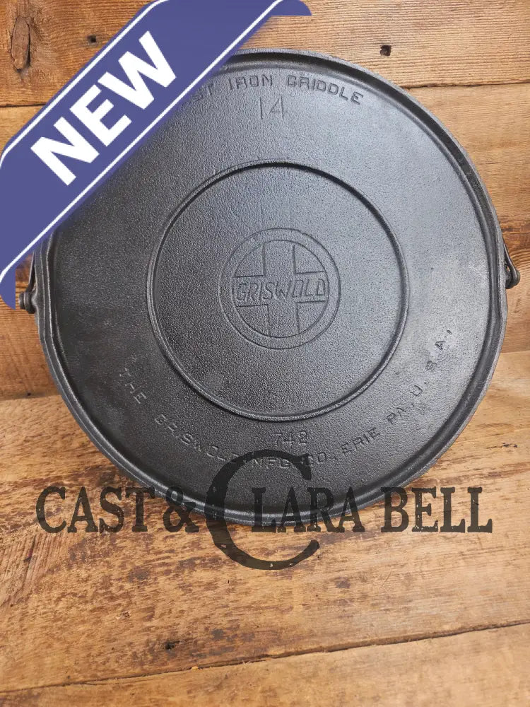 Ghostmarked 1910βs #742 Griswold No. 14 Round Griddle w/ Bail and Slant Logo. The largest made of its kind and hard to