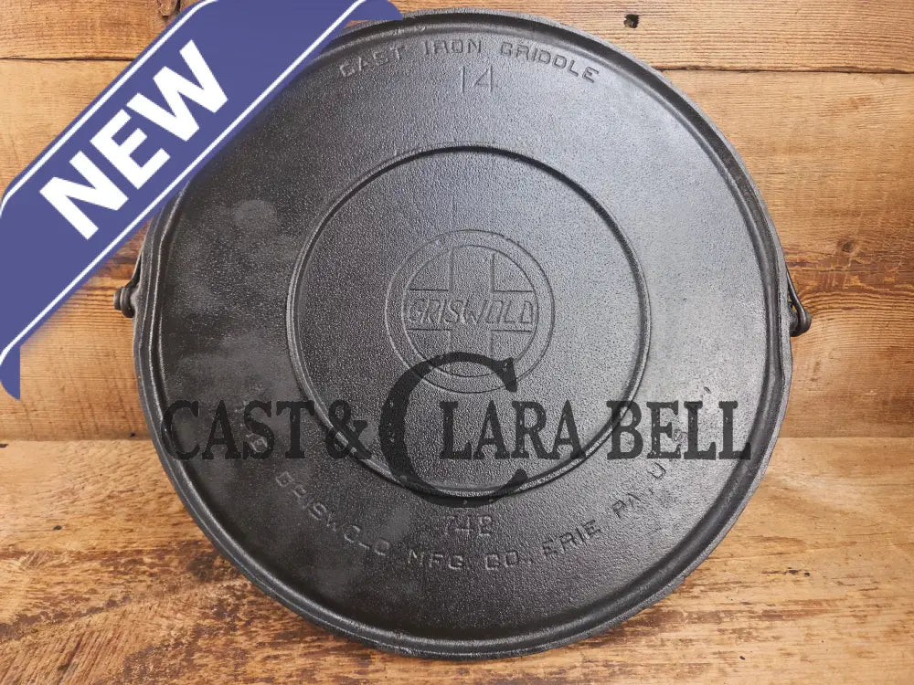Ghostmarked 1910βs #742 Griswold No. 14 Round Griddle w/ Bail and Slant Logo. The largest made of its kind and hard to