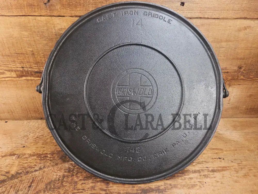 Ghostmarked 1910’s #742 Griswold No. 14 Round Griddle w/ Bail and Slant Logo. The largest made of its kind and hard to