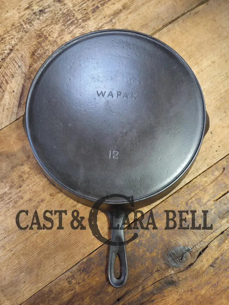 GORGEOUS! Hard to find huge #12 Wapak straight block bacon skillet w/ Wagner Arc Ghost mark. One of a kind piece for