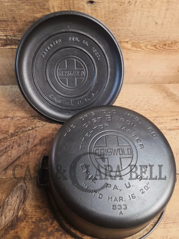 Griswold #8 Tite-Top Cast Iron Dutch Oven with Large Block Logo 833 A and Lid with Slant Logo A 2551 Dutch Ovens