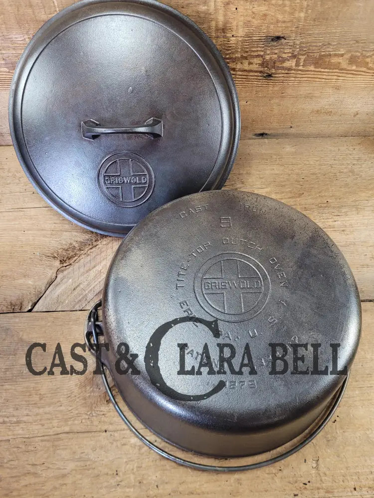 Hard To Find 1920’S Griswold #9 Dutch Oven W/ Large Block Logo P/N 1279 And 1289 Button-Top Lid