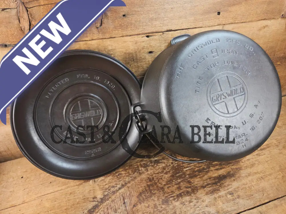 Hard to find 1920βs Griswold #9 Dutch Oven w/ Slant Logo p/n 834 H and p/n 2552 A matching block lid Dutch Ovens
