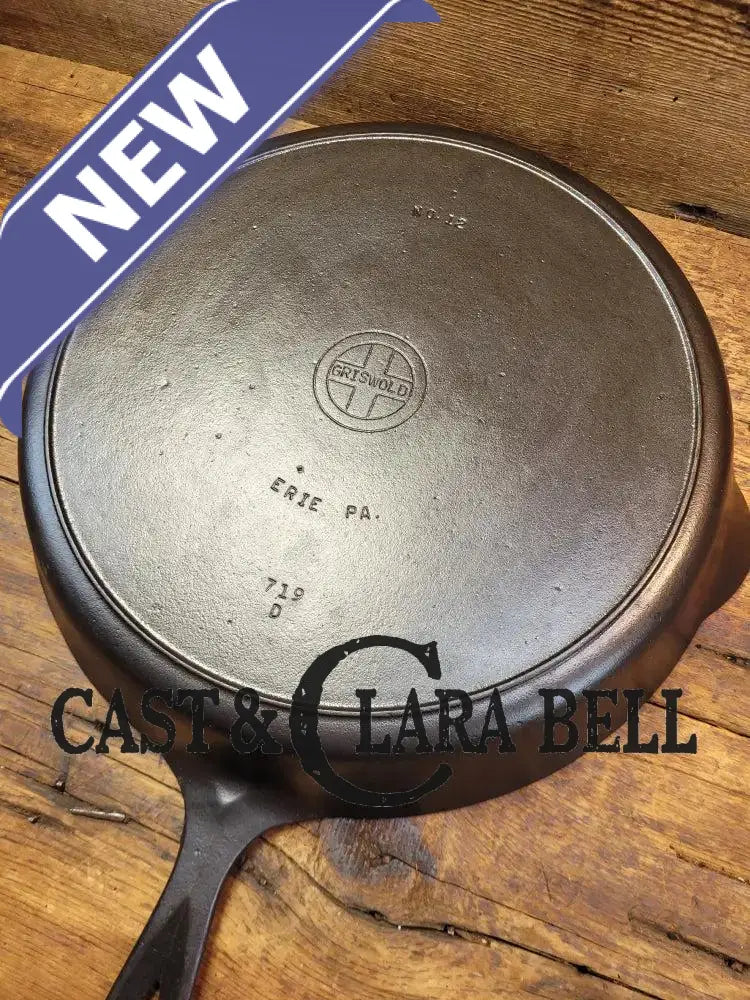 Huge beautiful 1930’s Griswold No. 12 Skillet with Small Block Logo and Heat Ring 719 D. Perfect bacon skillet!