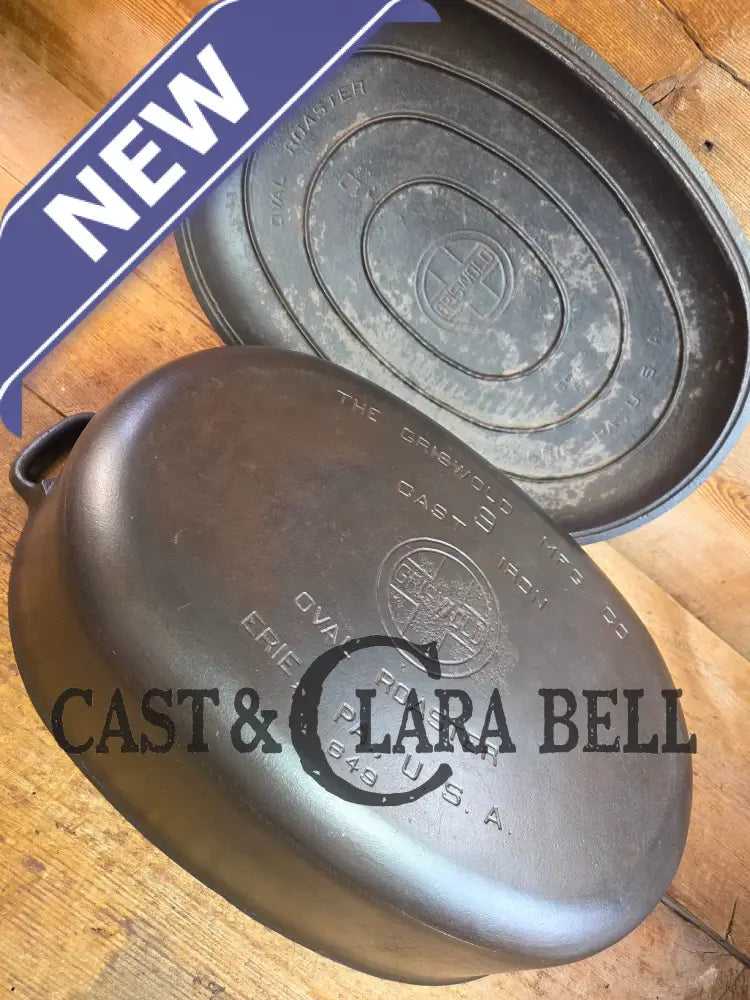 Priced to Sell: MONSTER! 1920βs Griswold #9 Large Block Logo Oval Roaster. P/N 645 Bottom 645 Lid - Dutch Ovens Trivets
