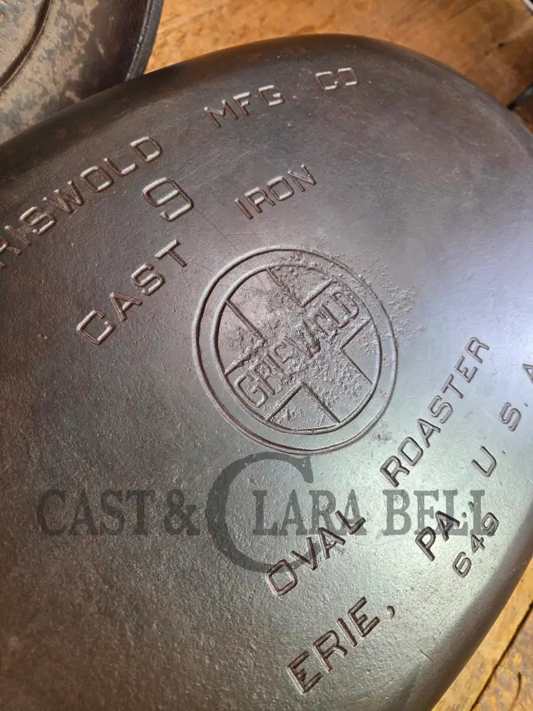 Priced to Sell: MONSTER! 1920βs Griswold #9 Large Block Logo Oval Roaster. P/N 645 Bottom 645 Lid - Dutch Ovens Trivets