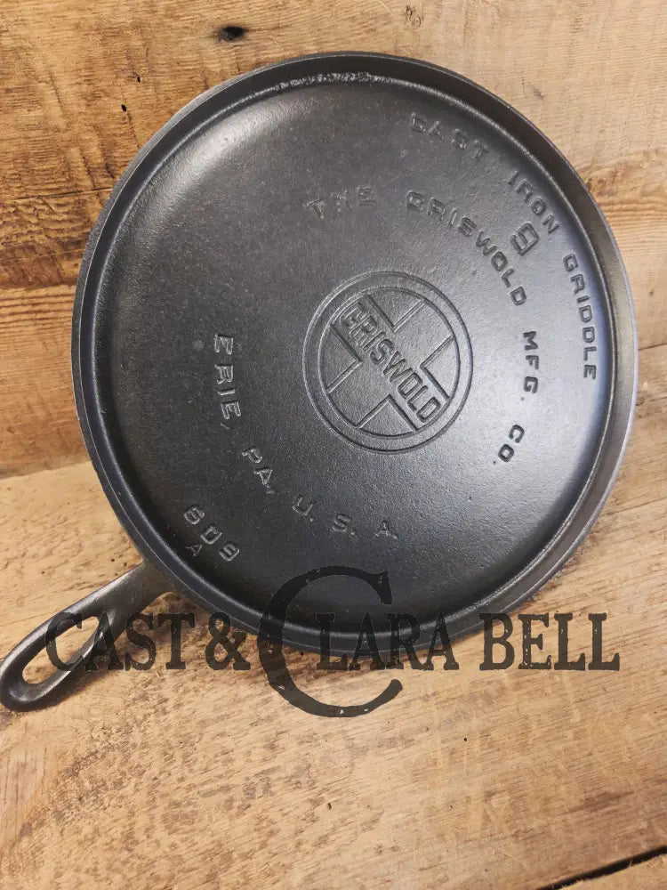 Pristine. 1930โs Griswold #9 Cast Iron Griddle Large Block logo โErie PA USA,โ609 Aโ Griddle