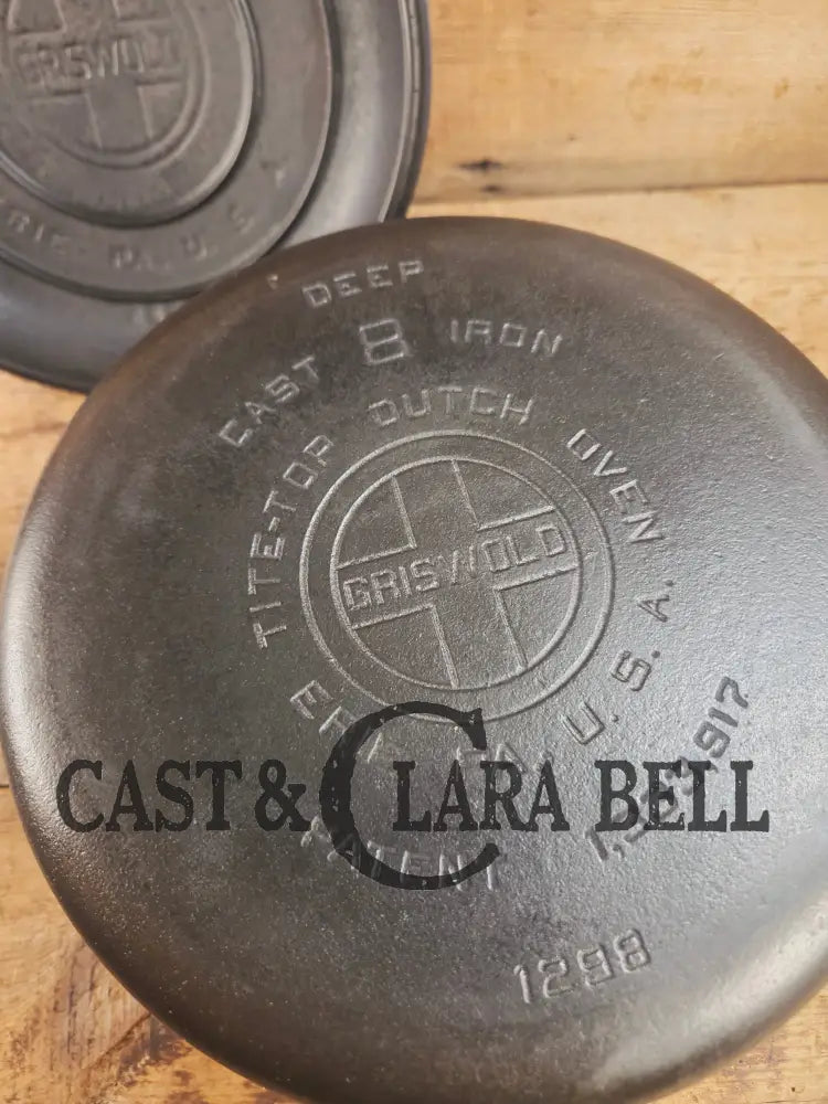 Rare 1920’s Griswold #8 Tite-Top Cast Iron DEEP Dutch Oven 1298 and Matching High Dome Raised Logo lid. VERY cool.