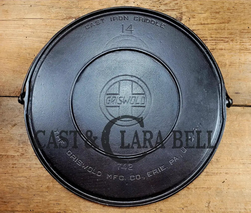 Spectacular piece! 1910βs #742 Griswold No. 14 Round Griddle w/ Bail and Slant Logo. The largest made of its kind and