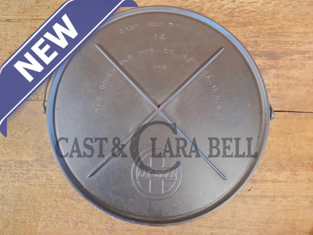 Spectacular piece! Late 1910’s #742 Griswold No. 14 Round Griddle w/ Bail and Slant Logo. The largest made of its kind