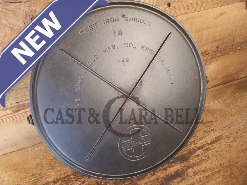 Spectacular piece! Late 1910’s #742 Griswold No. 14 Round Griddle w/ Bail and Slant Logo. The largest made of its kind