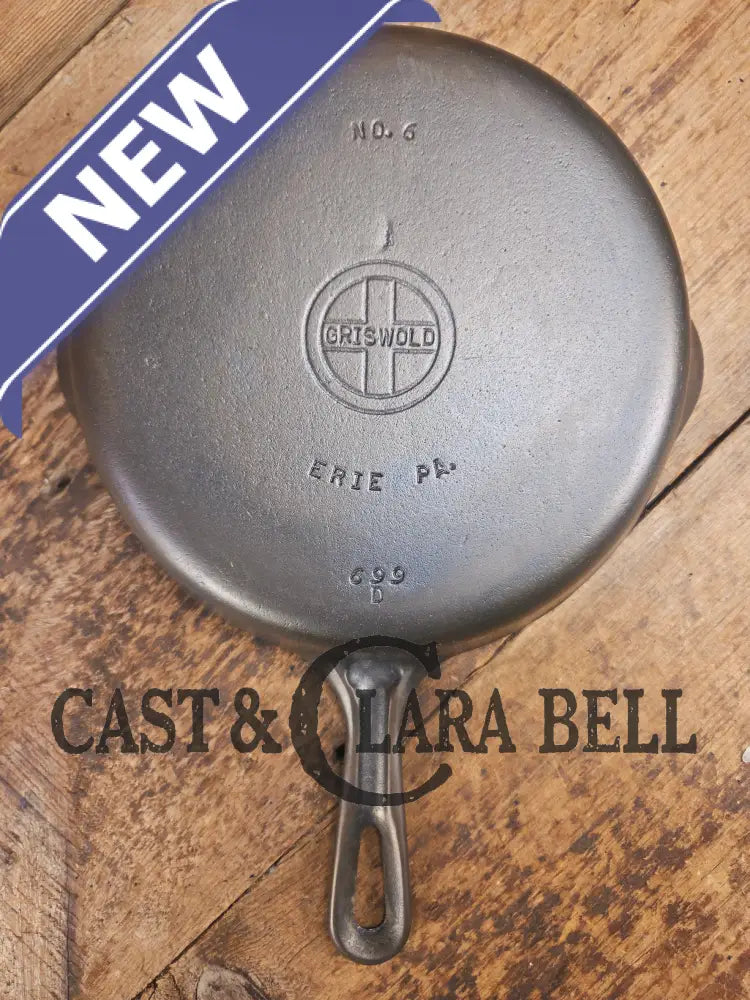 UNIQUE! 1940βs Griswold #6 Cast Iron Skillet with Small Block Logo Grooved Handle and Smooth Bottom 699 D Skillet