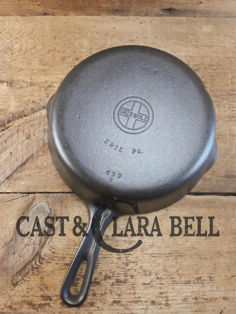 Unique! Grooved Handle Griswold No. 6 Skillet with Small Block Logo Smooth Bottom Erie PA 699 W. Restored and Ready to