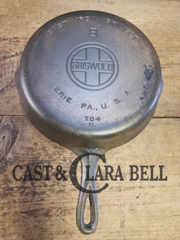 Very unique! 1930’s Griswold #8 Large Block Logo 704 B Cast Iron Skillet. Inside black iron outside nickel patina