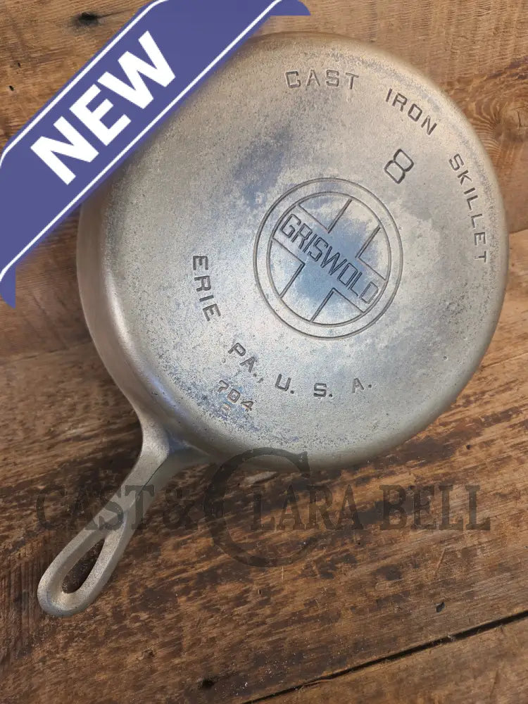 Very unique! 1930βs Griswold #8 Large Block Logo 704 R Cast Iron Skillet. Inside black iron outside nickel patina