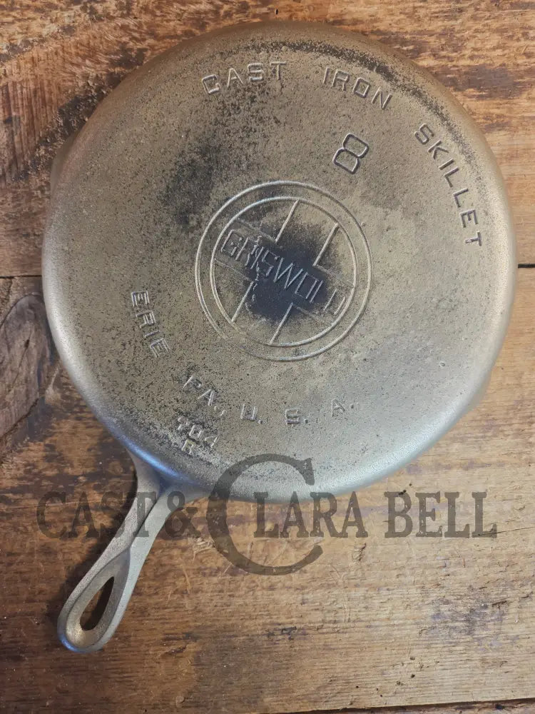 Very unique! 1930βs Griswold #8 Large Block Logo 704 R Cast Iron Skillet. Inside black iron outside nickel patina