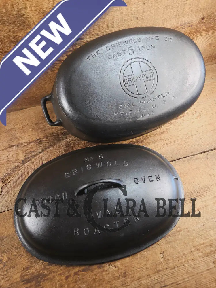 WOW WOW!!! 1920’s Griswold #5 Large Block Logo Oval Roaster. P/N 645 Bottom 645 Lid. Beautiful! Dutch Ovens Trivets &