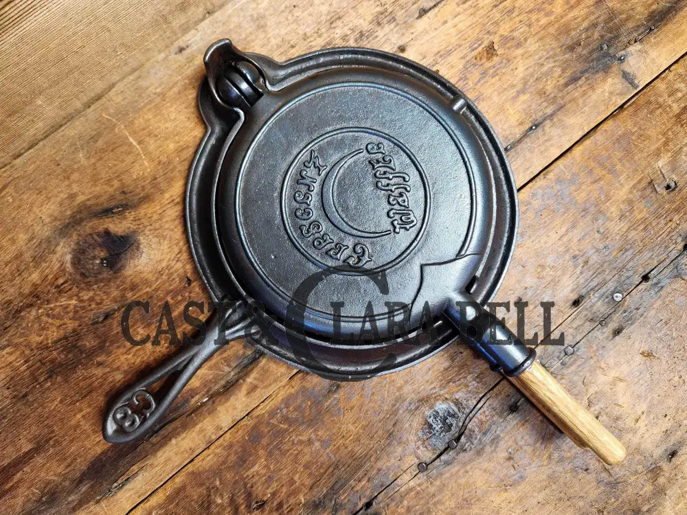 1920S Crescent Waffle Iron With C8 Low Base! New Oak Handles!