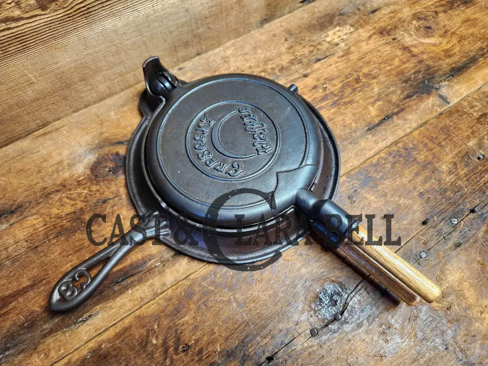 1920S Crescent Waffle Iron With C8 Low Base! New Oak Handles!