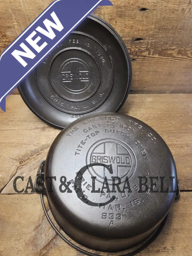 1920’s Griswold #8 Tite-Top Cast Iron Dutch Oven with Large Block Logo 833 and High Dome Lid with Block Logo 2551