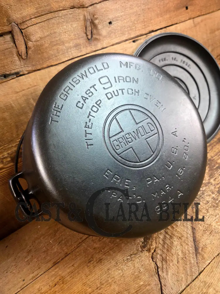 1920’s Griswold #9 Dutch Oven w/ Slant Logo p/n 834 A and p/n 2552 matching block lid Dutch Ovens Trivets & Kettles