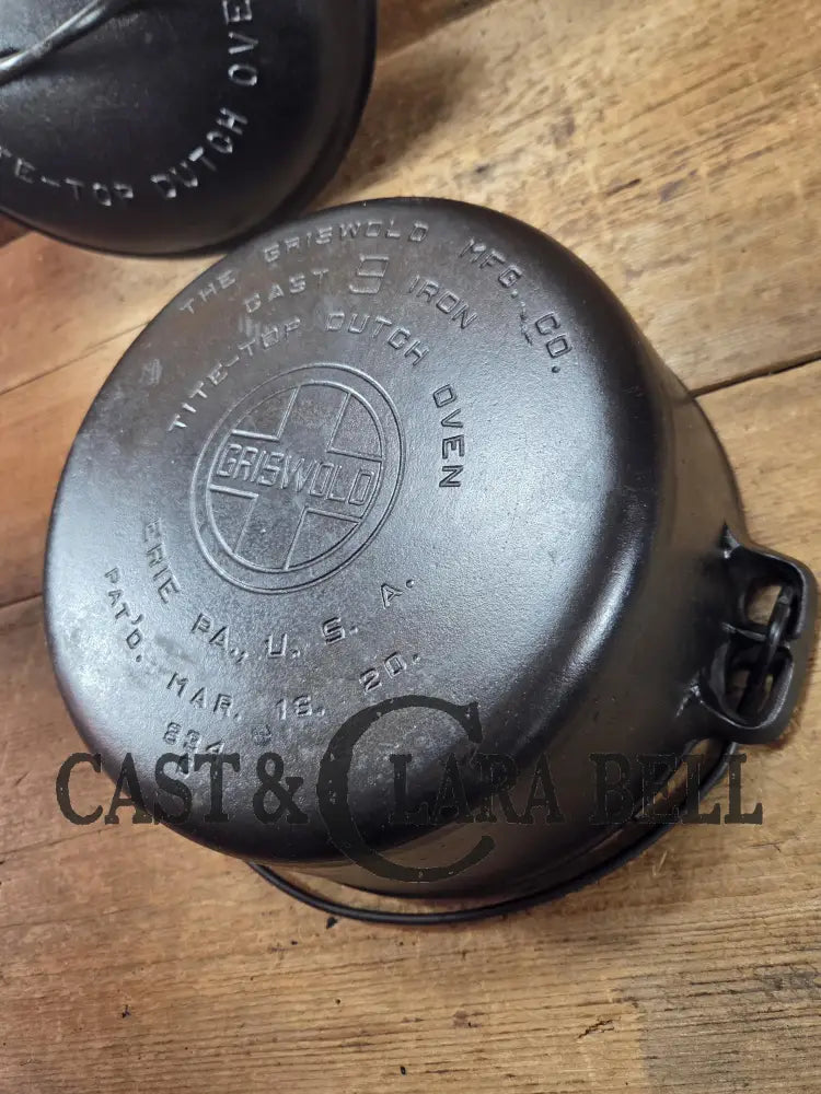 1920’s Griswold No. 9 Tite Top Dutch Oven (834) with Large Block Logo and EZ Clean Low Lid (2552). 7 Quarts Dutch Ovens