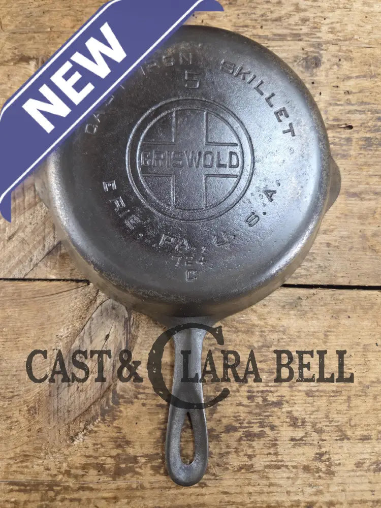 1930’s Griswold #5 Large Block Logo 724 Cast Iron Skillet. Inside black iron outside nickel patina. Very cool &