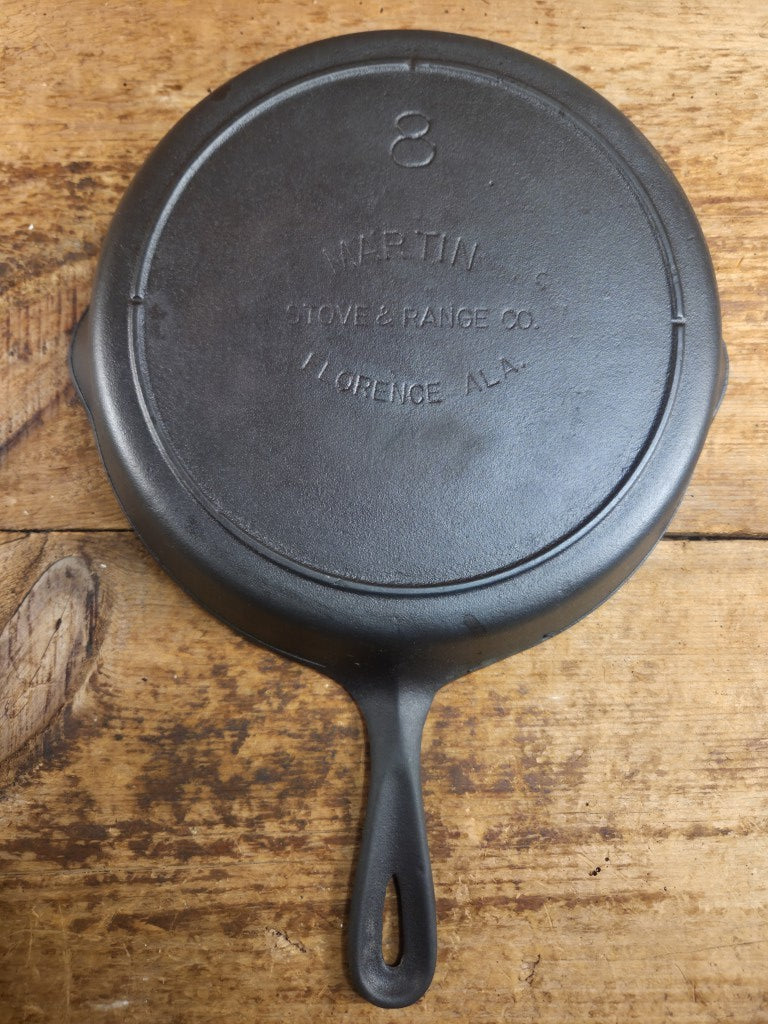 Unique! 1930’s era Martin Stove & Range Co. #8 ’Three Notch’ Cast Iron Skillet with Text Logo. Versatile and elegant