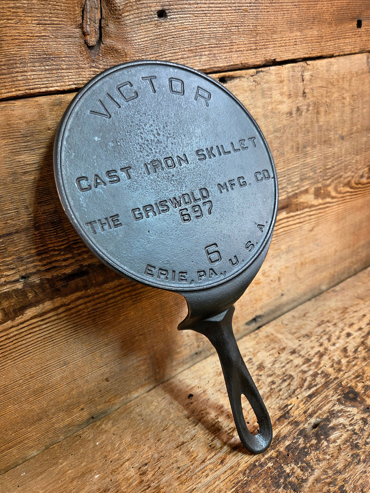 This is one of the COOLEST we’ve made. Very Hard to Find #6 Griswold Victor skillet now up-cycled as a super unique
