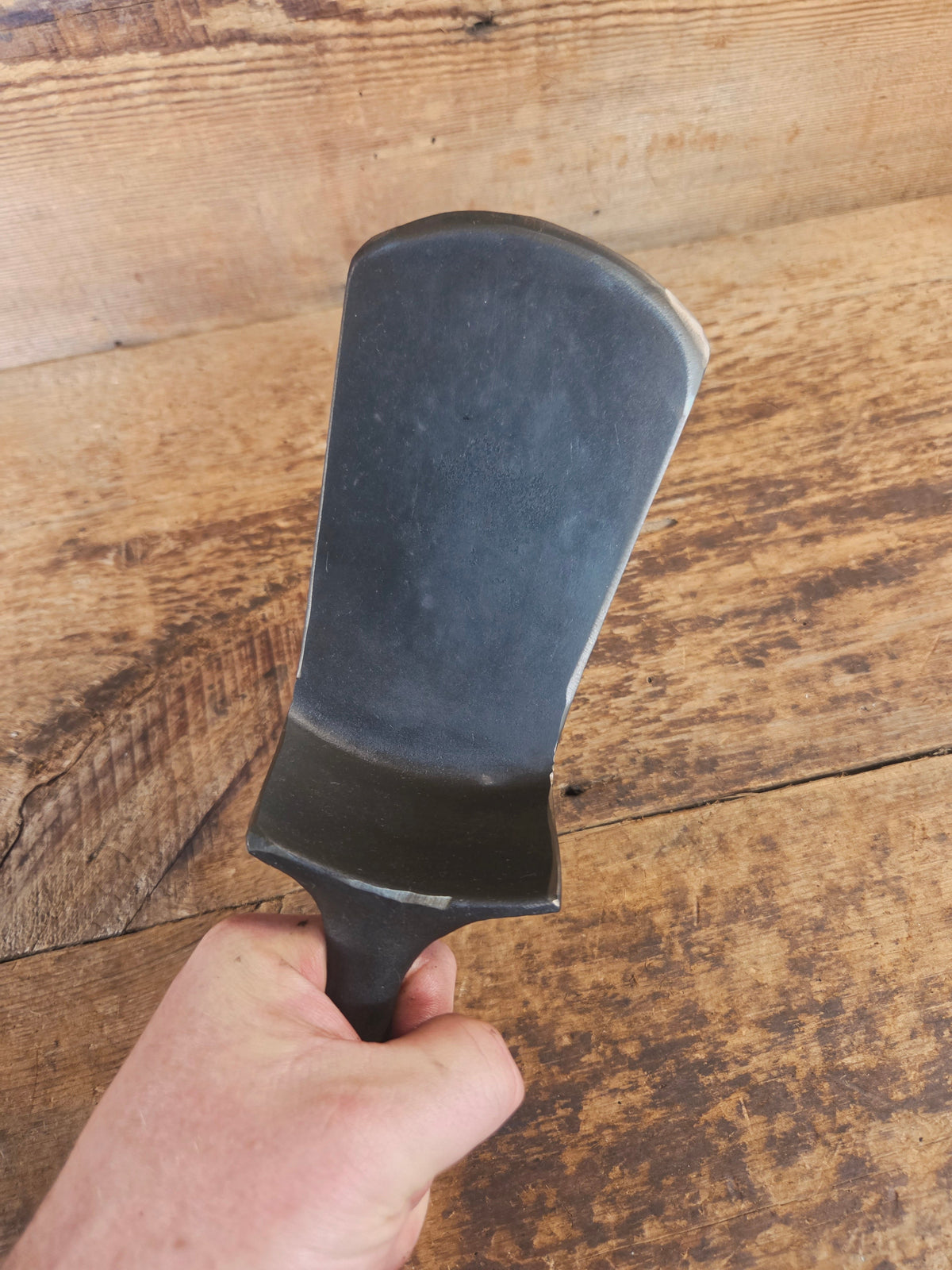 Custom made #5 Lodge Cast Iron Skillet Spatula w RAISED B. Reclaimed from a early to mid 1900’s single notch Lodge