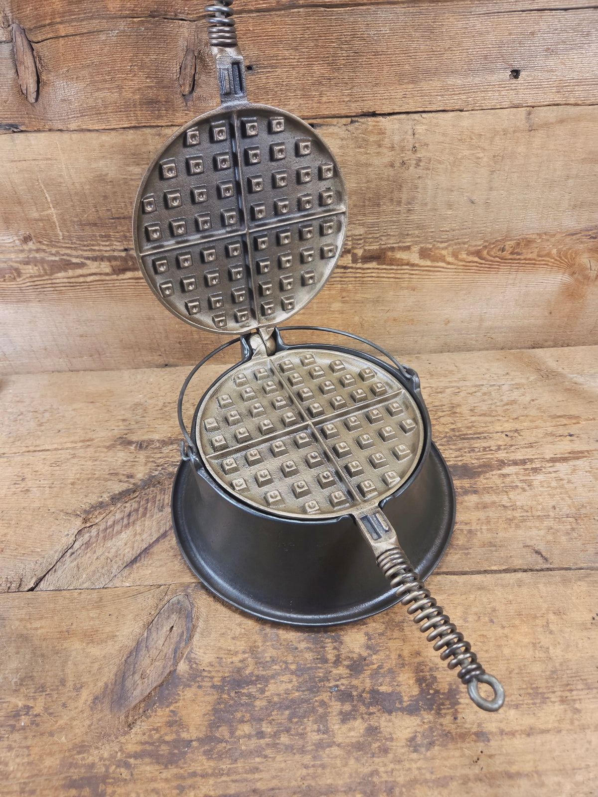 For the eclectic enthusiast!! 1930’s Era Wagner Tall Base Waffle Iron with Nickel Finish Paddles! Really cool patina!