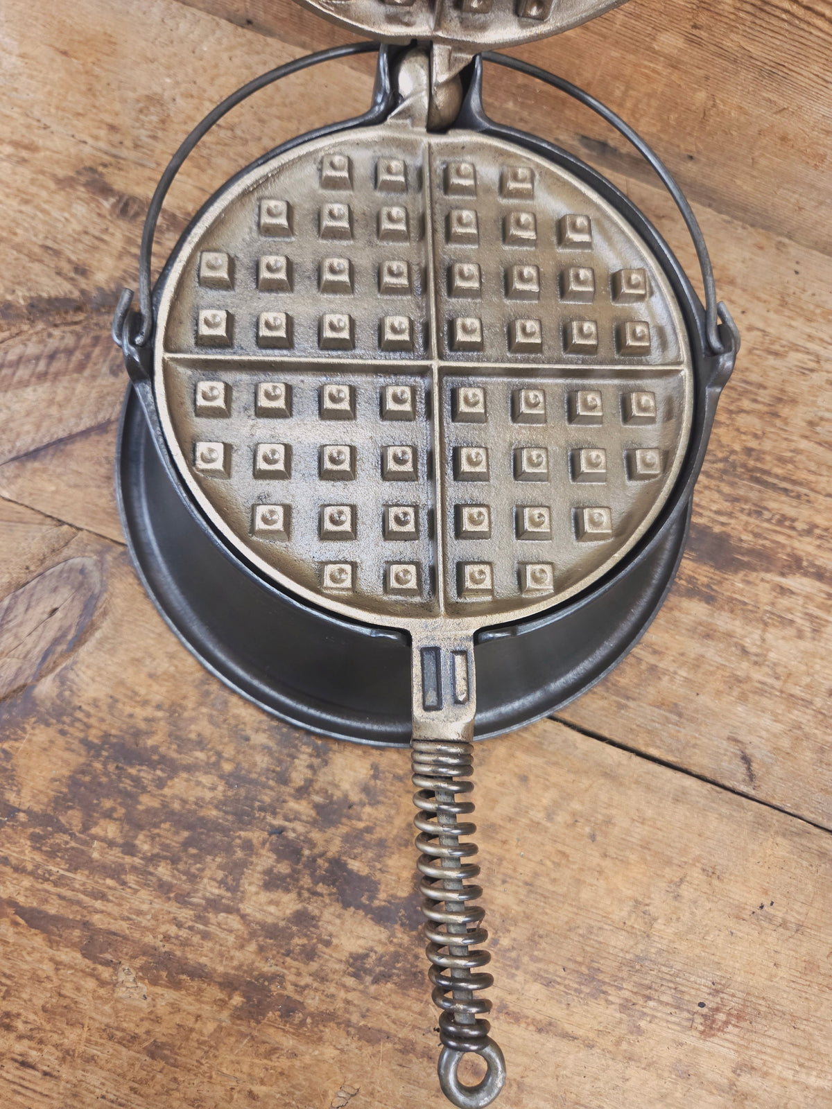 For the eclectic enthusiast!! 1930’s Era Wagner Tall Base Waffle Iron with Nickel Finish Paddles! Really cool patina!