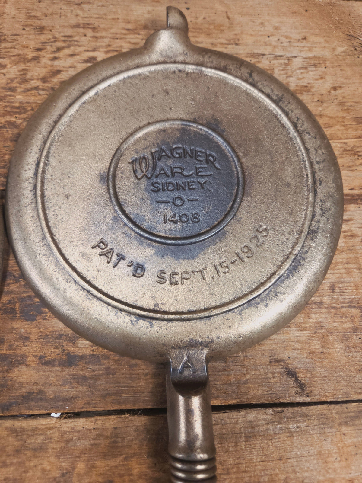 For the eclectic enthusiast!! 1930’s Era Wagner Tall Base Waffle Iron with Nickel Finish Paddles! Really cool patina!