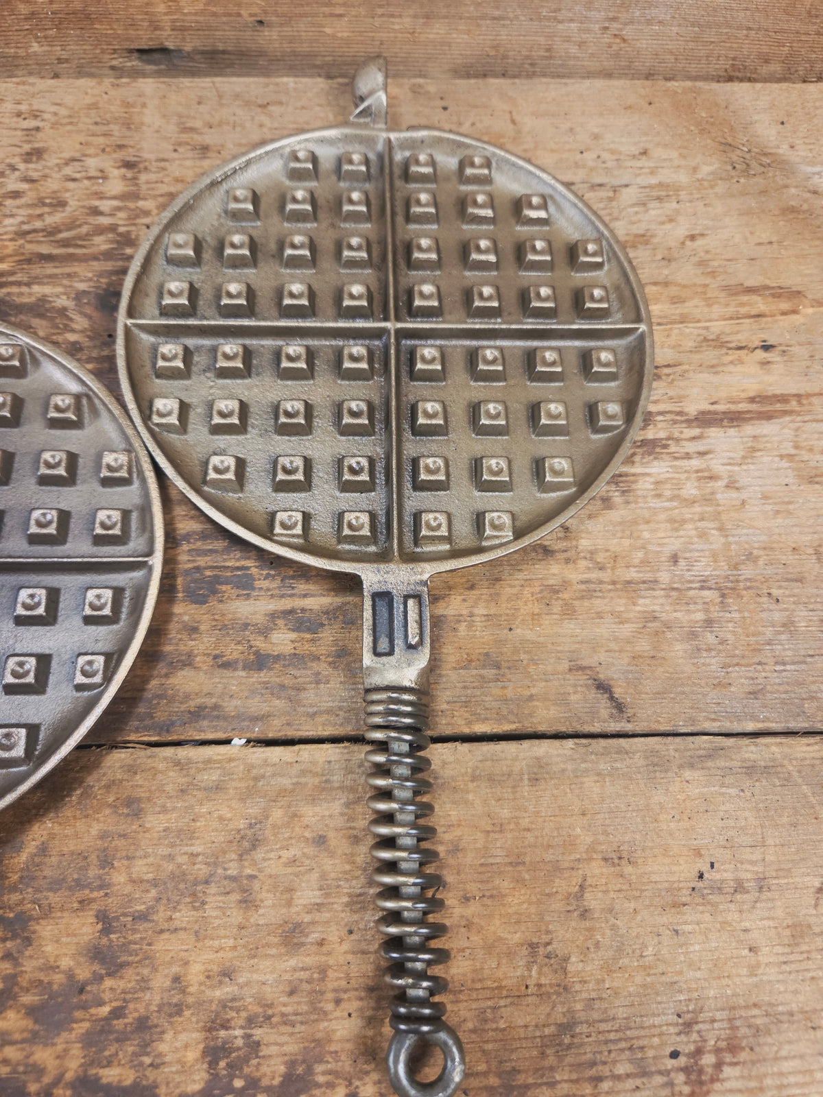 For the eclectic enthusiast!! 1930’s Era Wagner Tall Base Waffle Iron with Nickel Finish Paddles! Really cool patina!
