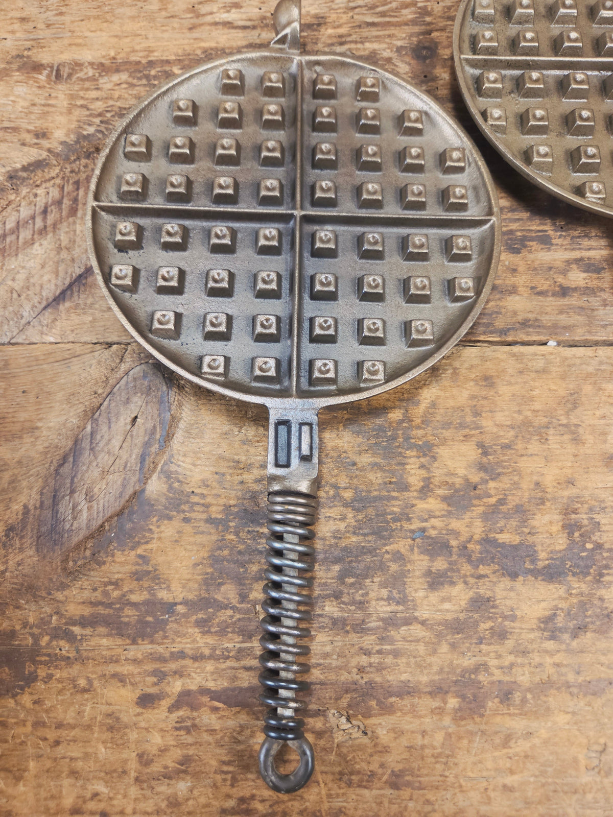 For the eclectic enthusiast!! 1930’s Era Wagner Tall Base Waffle Iron with Nickel Finish Paddles! Really cool patina!
