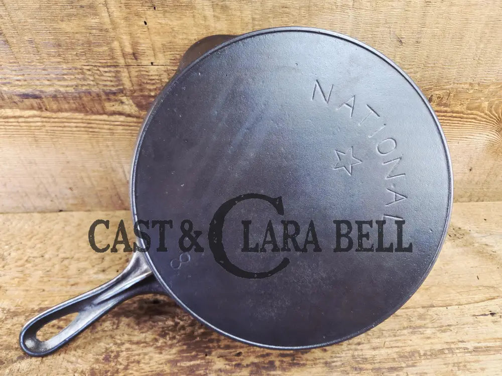 Awesome! Wagner made National #8 Cast Iron Skillet. Shallow wall skillet similar to Griswold Victor and Iron Mountain