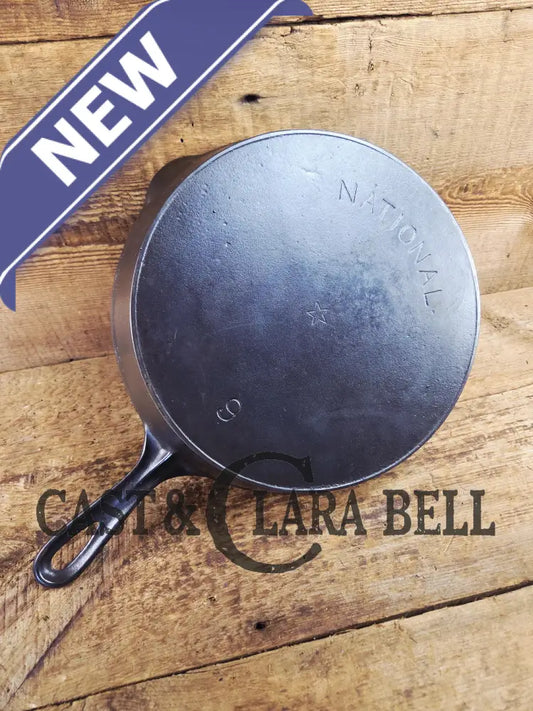 Awesome! Wagner made National #9 Cast Iron Skillet. Shallow wall skillet similar to Griswold Victor and Iron Mountain