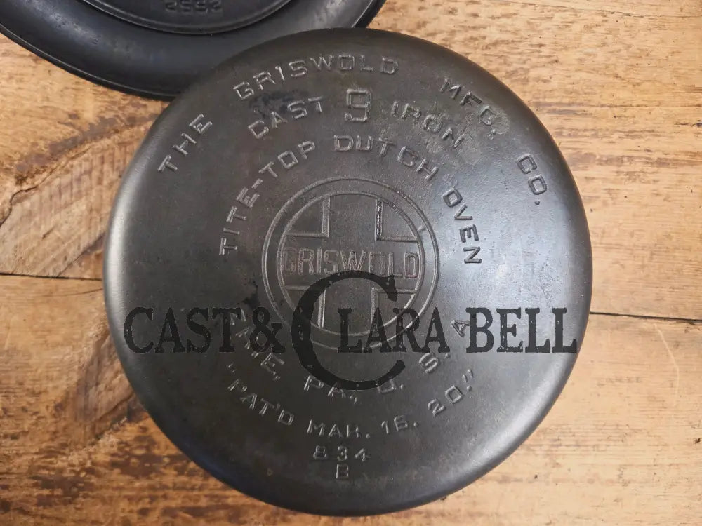 Beautiful 1920’s Griswold No. 9 Tite-Top Dutch Oven with Block Logo p/n 834 B Block Logo lid 2552. PERFECT for stews