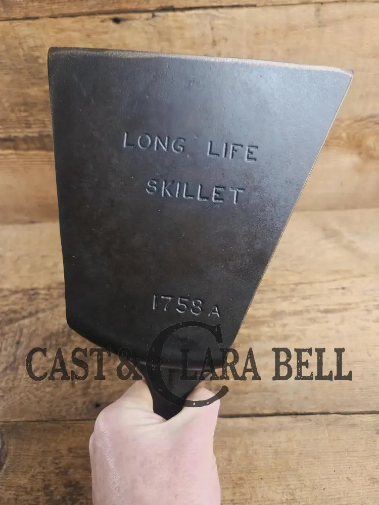 Custom and Funky! Wagner made(#1758) ’Long Life’ Cast Iron Skillet Spatula. Reclaimed 1920’s Era #8 skillet. Great